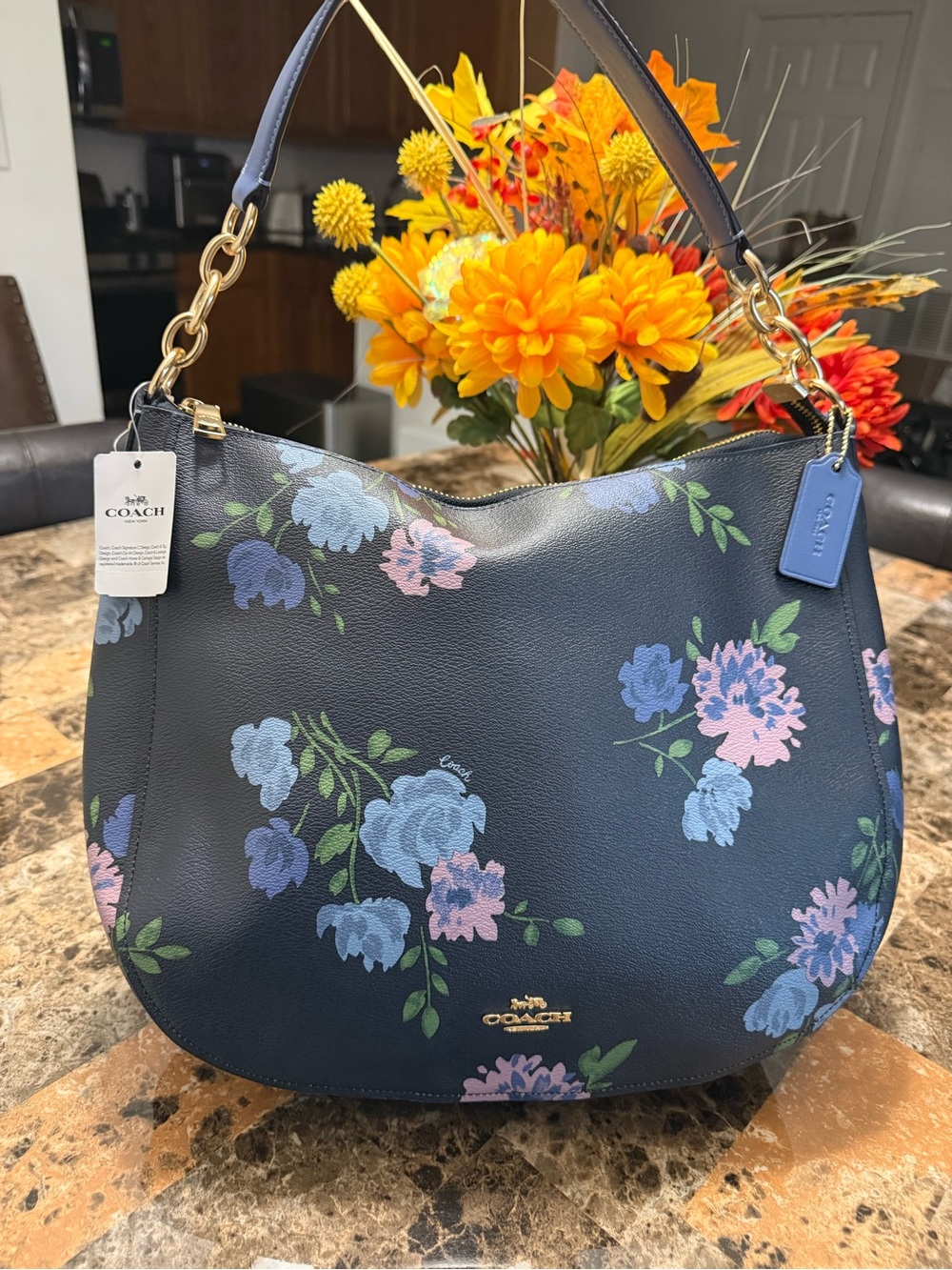 Coach Navy Floral Leather Shoulder Bag